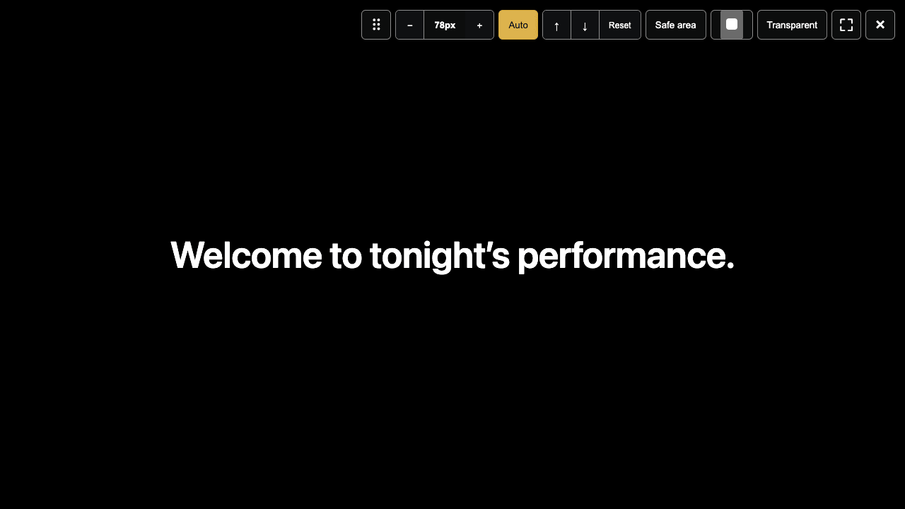 Vollbild-Ausgabefenster von Pockitle Cue for Mac mit einer Übertitelzeile