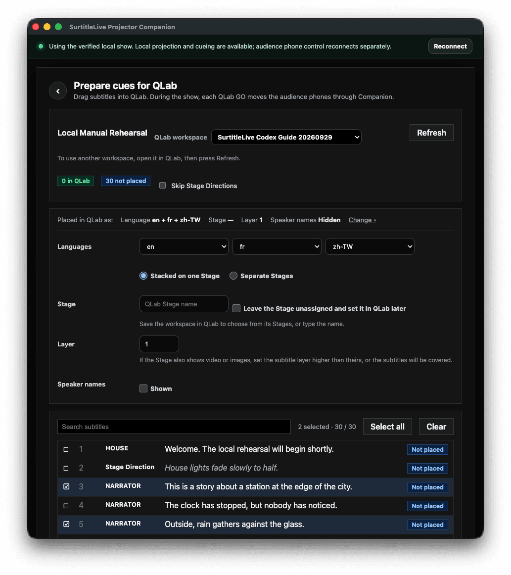 QLab-Vorbereitungsliste von Pockitle Cue for Mac mit ausgewählten Untertiteln zum Ziehen in QLab