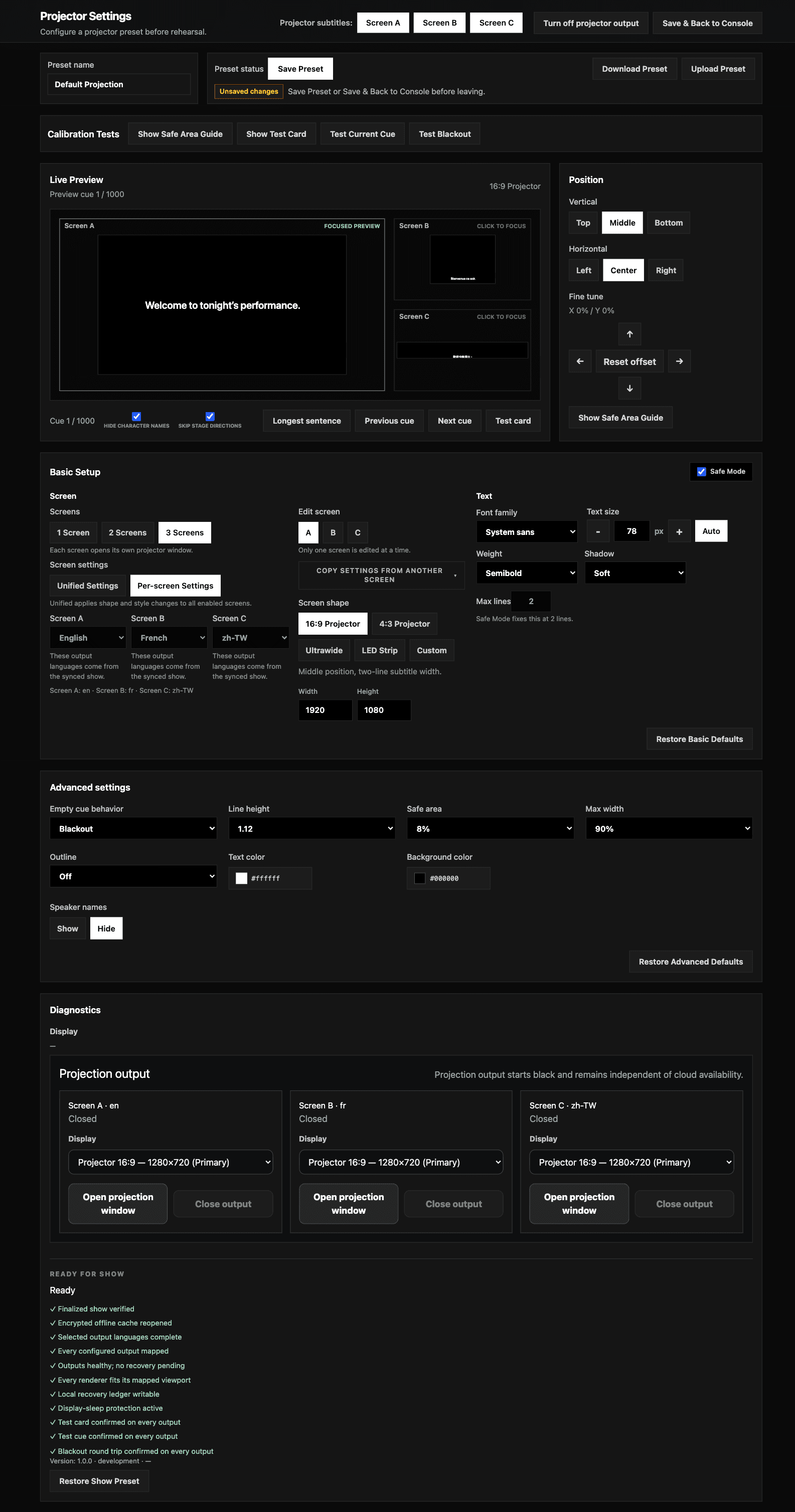 Projektionseinrichtung von Pockitle Cue for Mac mit Steuerelementen für Display, Schrift und Position