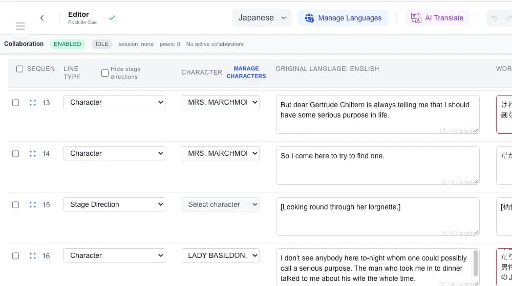Pockitle Cue Editor pokazuje ponumerowane cue z typem linii, postacią i oryginalnym tekstem po angielsku.