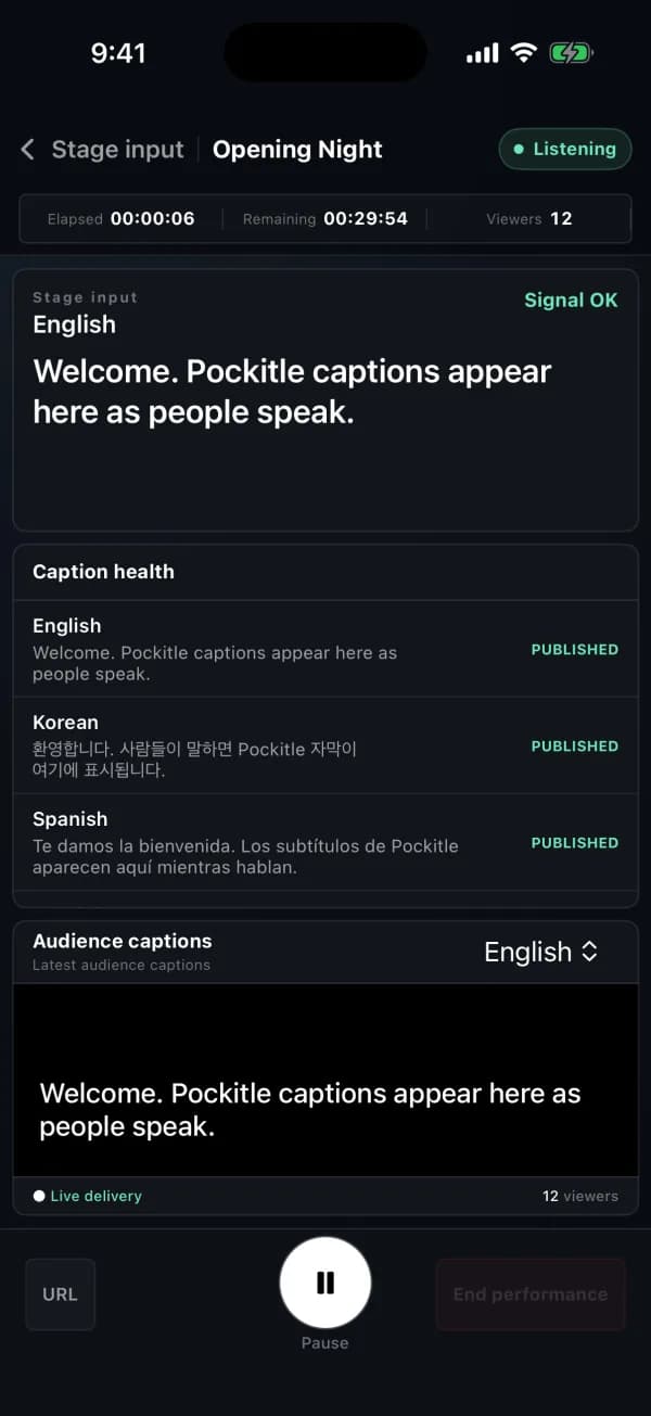 Pockitle Live for iOS Live Console showing sample captions in English, Korean, and Spanish