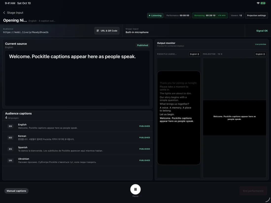 Pockitle Live on iPad in landscape: the Live Console with the current English source, four published caption languages, and the audience and projector output monitor