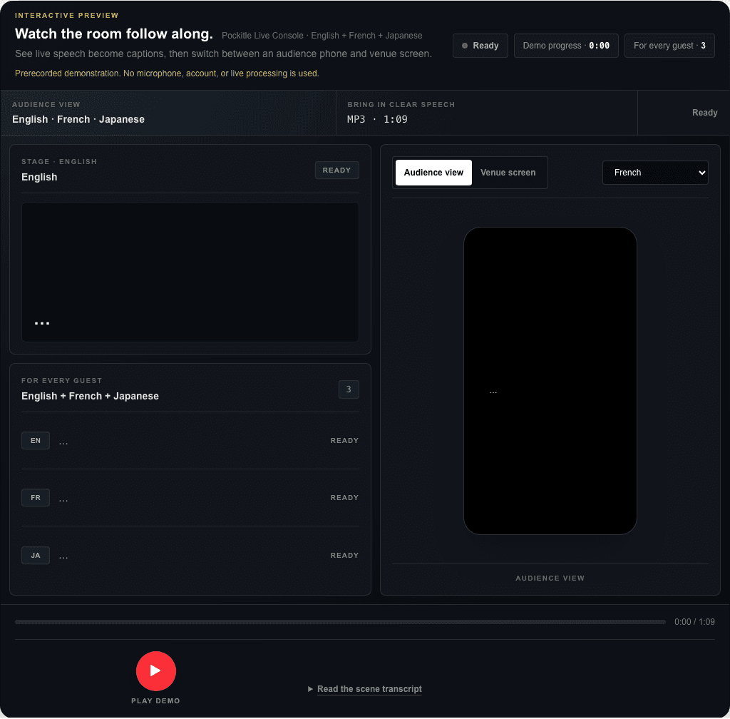 Pockitle live captions on an audience phone and venue display