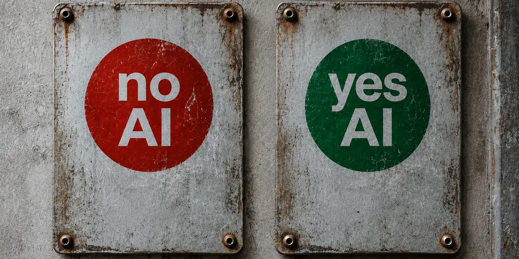 Weathered signs presenting the choice to disable or enable AI