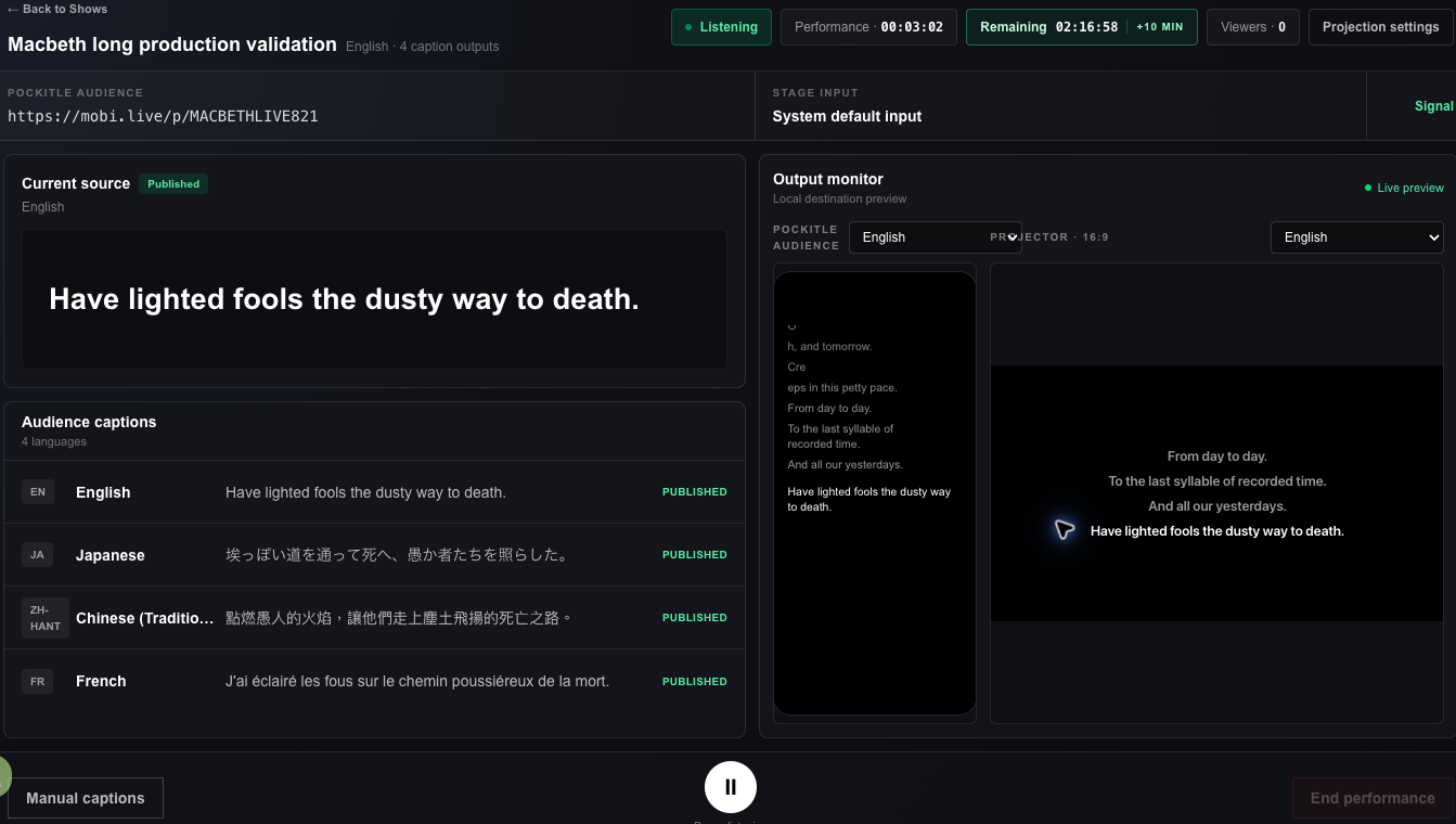 Pockitle Live Console mit den Macbeth-Validierungsergebnissen auf Englisch, Japanisch, traditionellem Chinesisch und Französisch