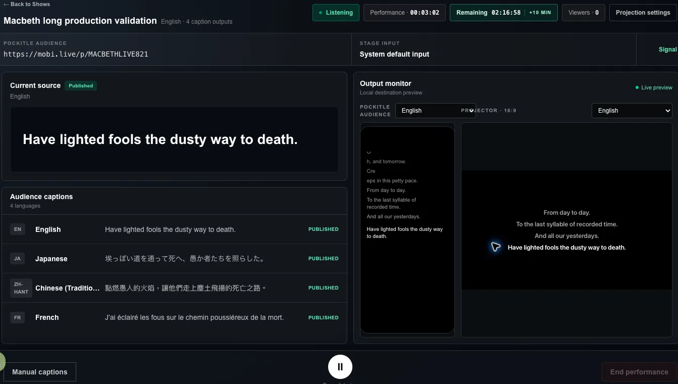 Pockitle Live Console showing the Macbeth validation output in English, Japanese, Traditional Chinese and French