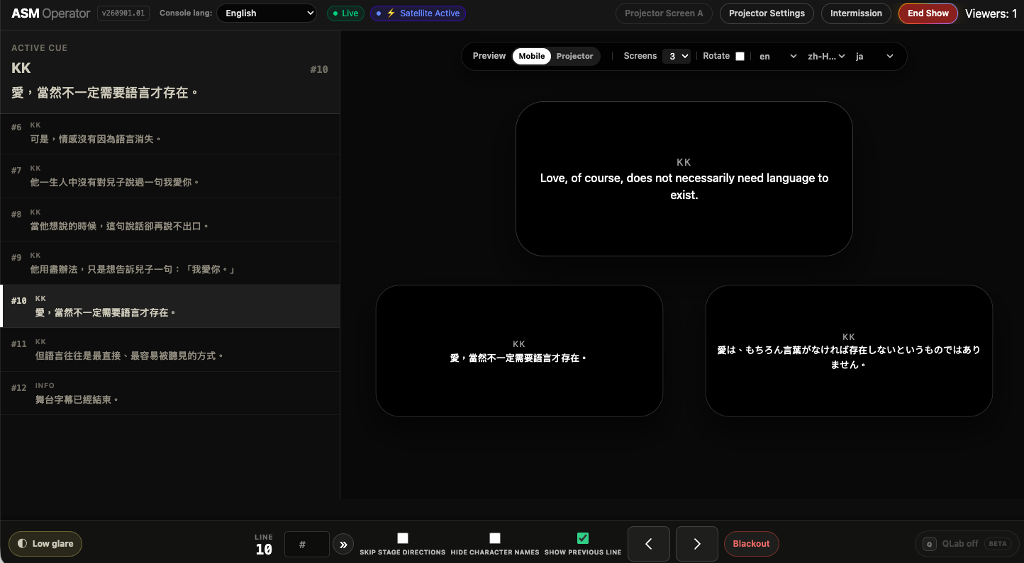 Operador ASM do SurtitleLive mostrando a lista de cues ativos, pré-visualizações multilingues do público e controlos da atuação ao vivo