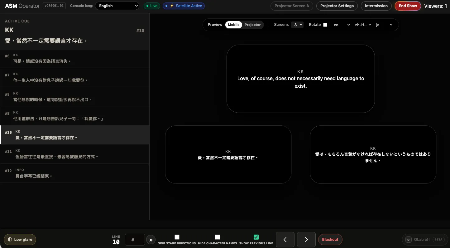 SurtitleLive ASM Operator showing the active cue list, multilingual audience previews and live performance controls