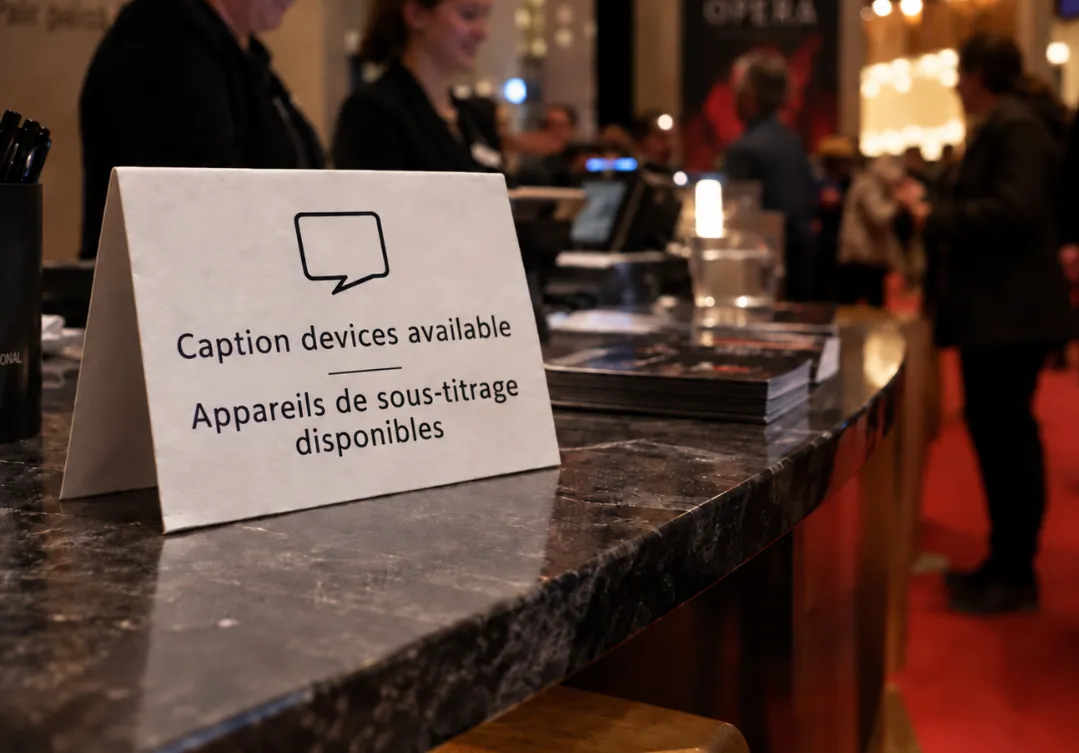 Bilingual theatre foyer sign announcing that caption devices are available