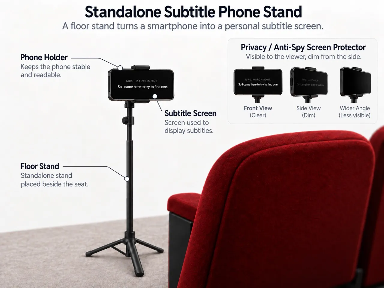 Standalone subtitle phone stand beside a theatre seat with a privacy screen protector