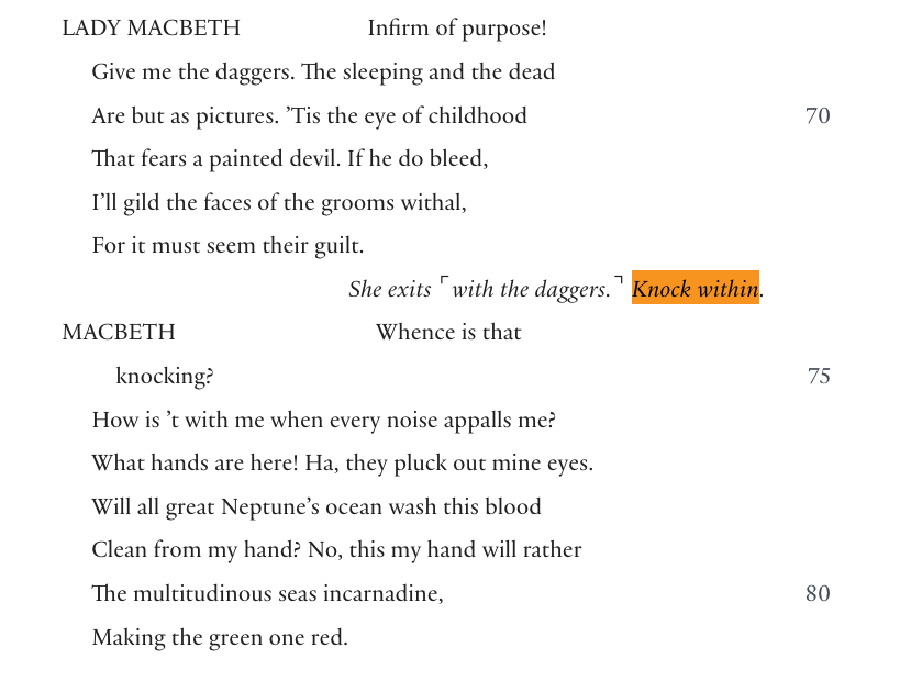 Fragment Makbeta z didaskaliami „Knock within.” i pytaniem Makbeta „Whence is that knocking?”