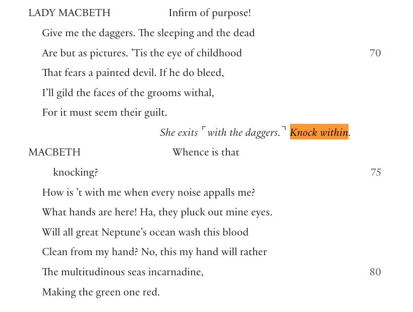 Macbeth text excerpt with the stage direction “Knock within.” and Macbeth asking “Whence is that knocking?”
