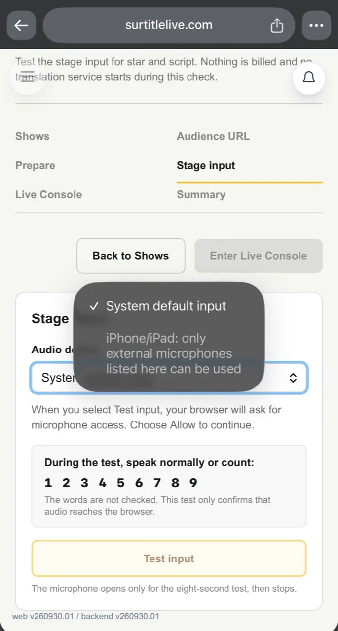 Pockitle Live Web’s iPhone Stage input screen notes that only external microphones listed by iOS can be used.