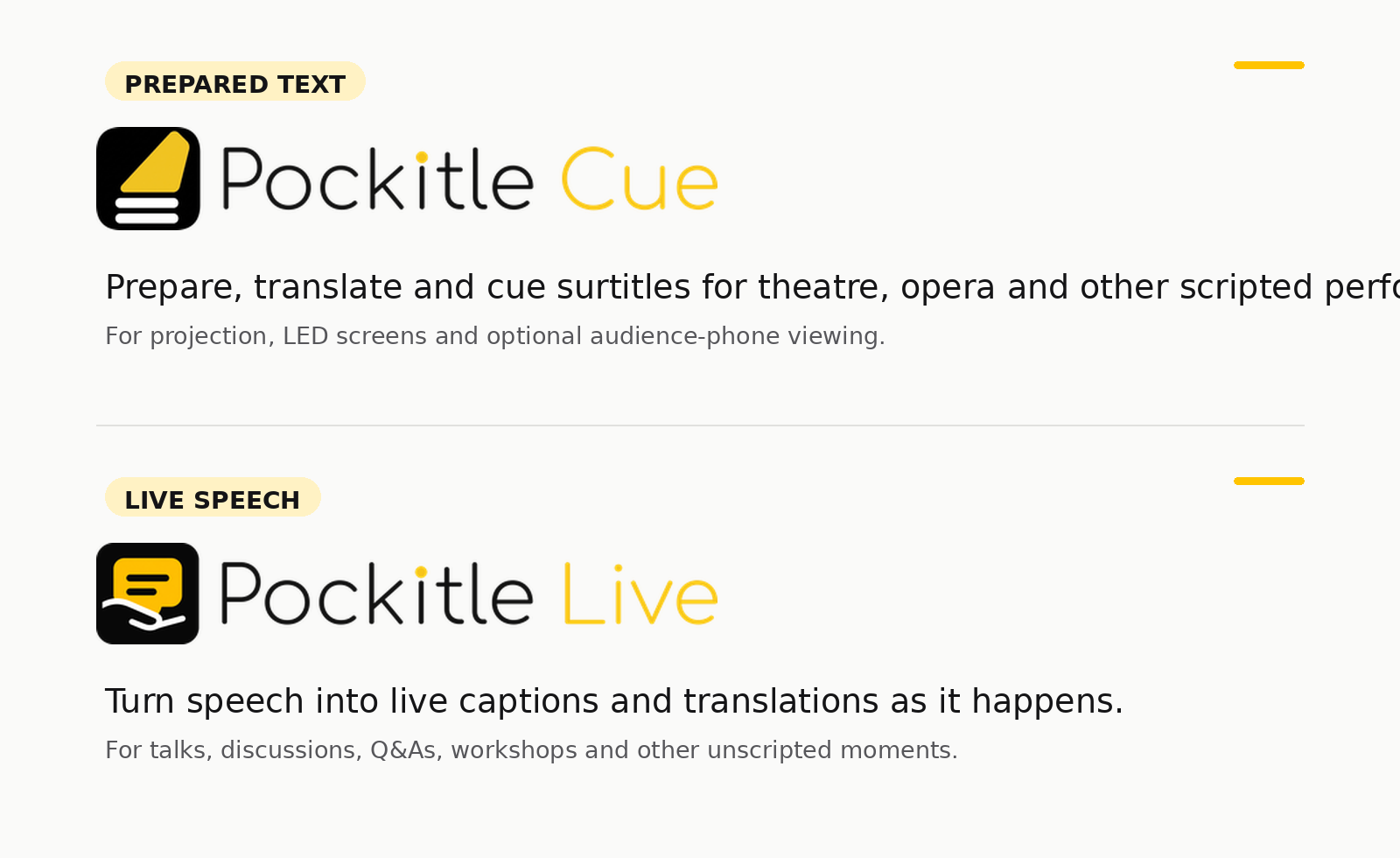 Rangkaian produk Pockitle: Pockitle Cue untuk teks yang disiapkan dan Pockitle Live untuk ucapan langsung.