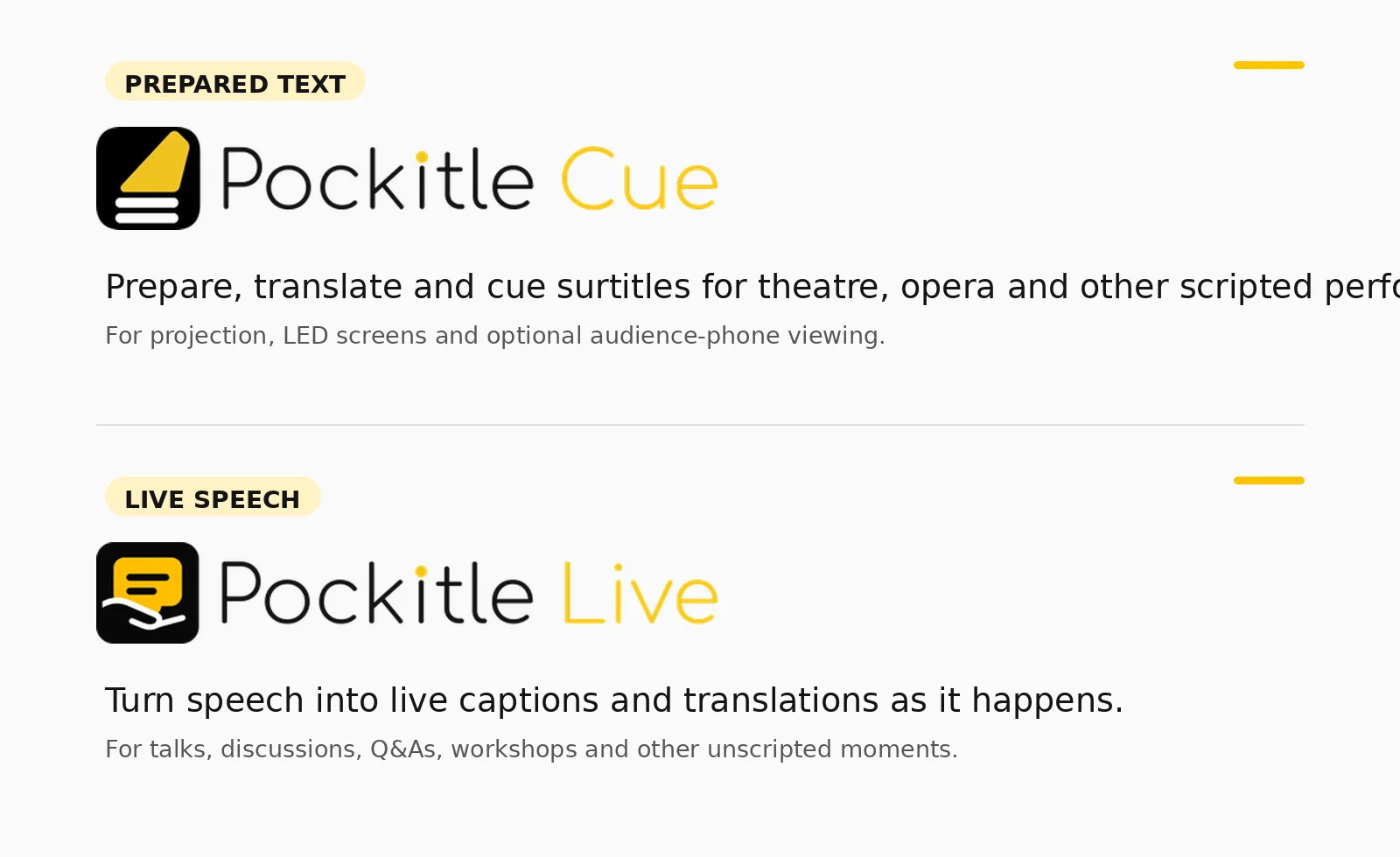 Pockitle’s product family: Pockitle Cue for prepared text and Pockitle Live for live speech.