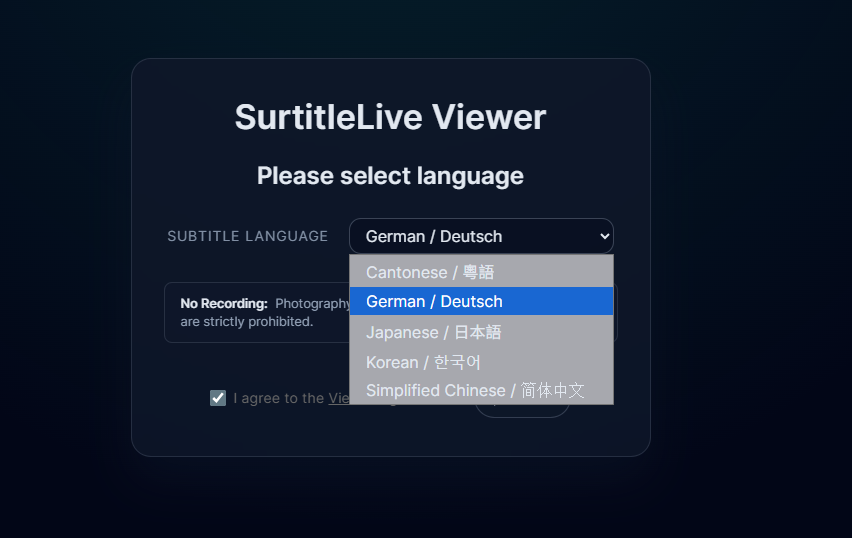 Selettore della lingua del visore di SurtitleLive, con più lingue preparate