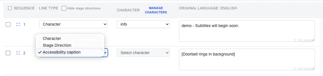 Menú de tipo de línea del Editor con Accessibility caption seleccionado y el ejemplo [Doorbell rings in background].