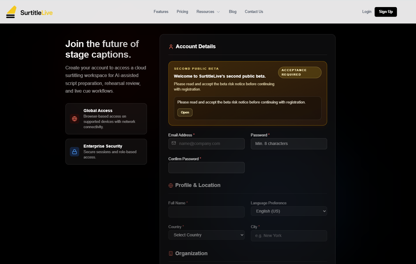 Registration page with the public beta notice above the form