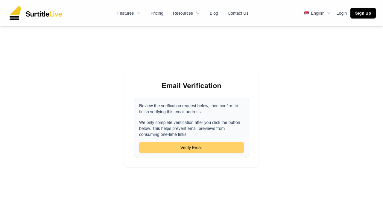 Email verification action page with the Verify Email button