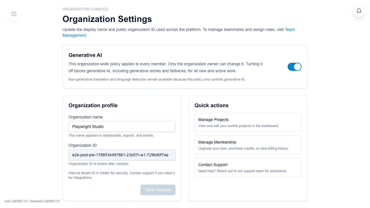 Organization Settings page with profile form on the left and Quick actions on the right