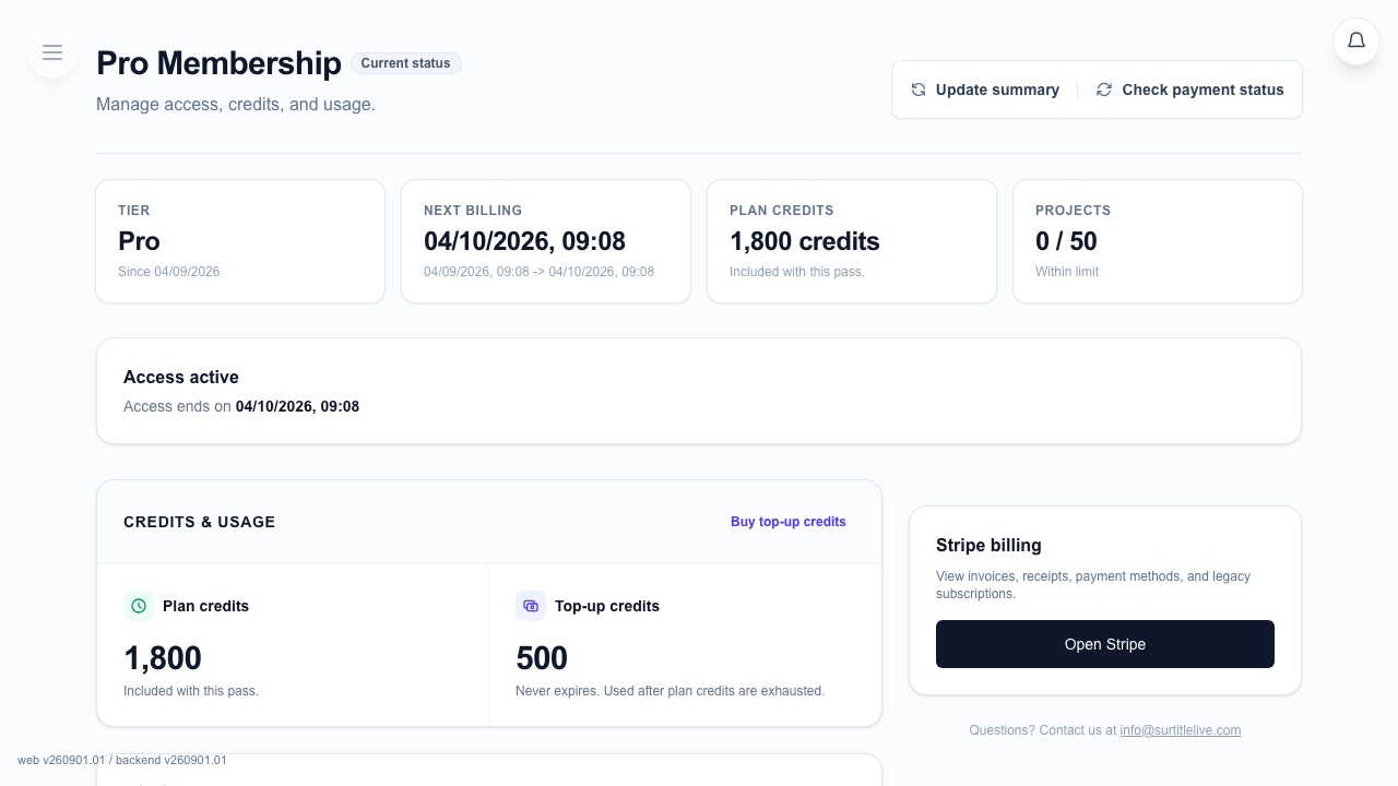 Membership page with plan cards, credits cards, and right-side action cards
