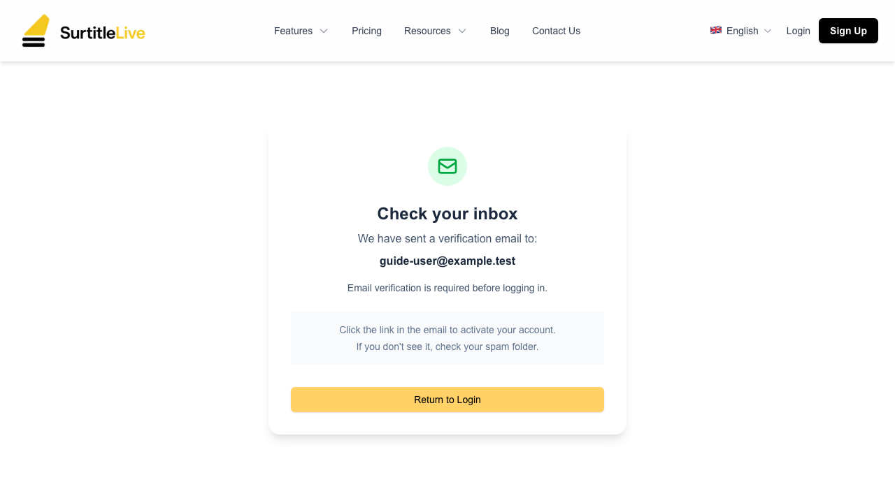 Verify-email waiting page with the stored email address and Return to Login button