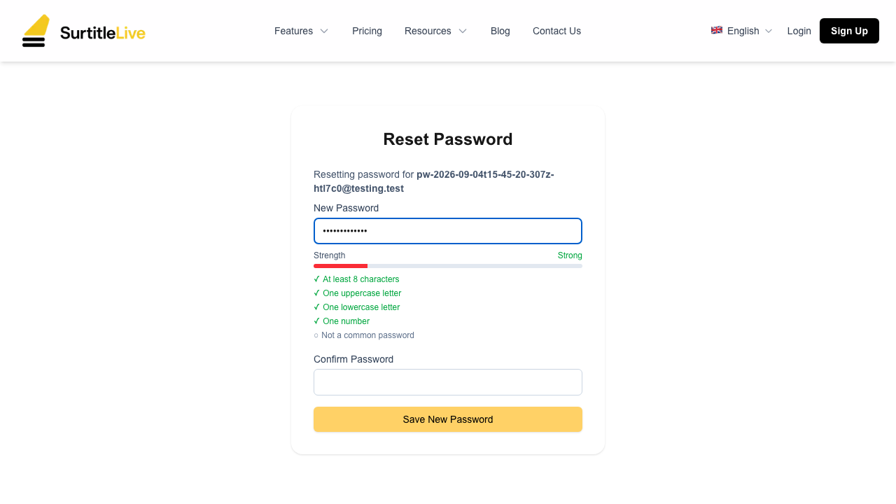Reset Password form with the password checklist under the new-password field