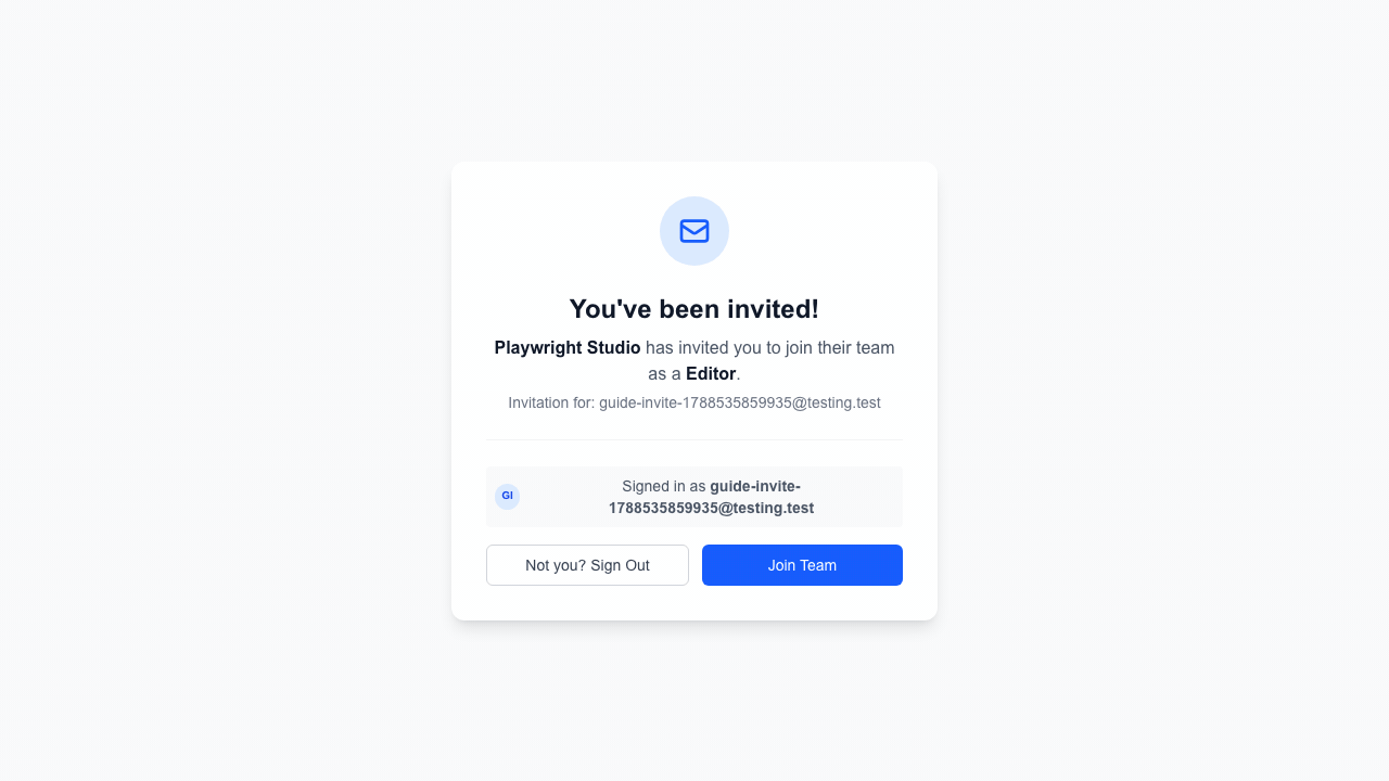 Invitation page with the matching signed-in email and Join Team button