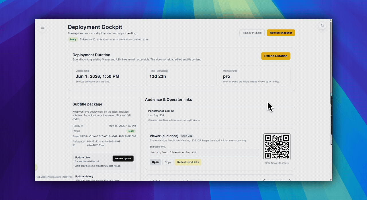 Deployment result showing viewer link, QR code, and operator link