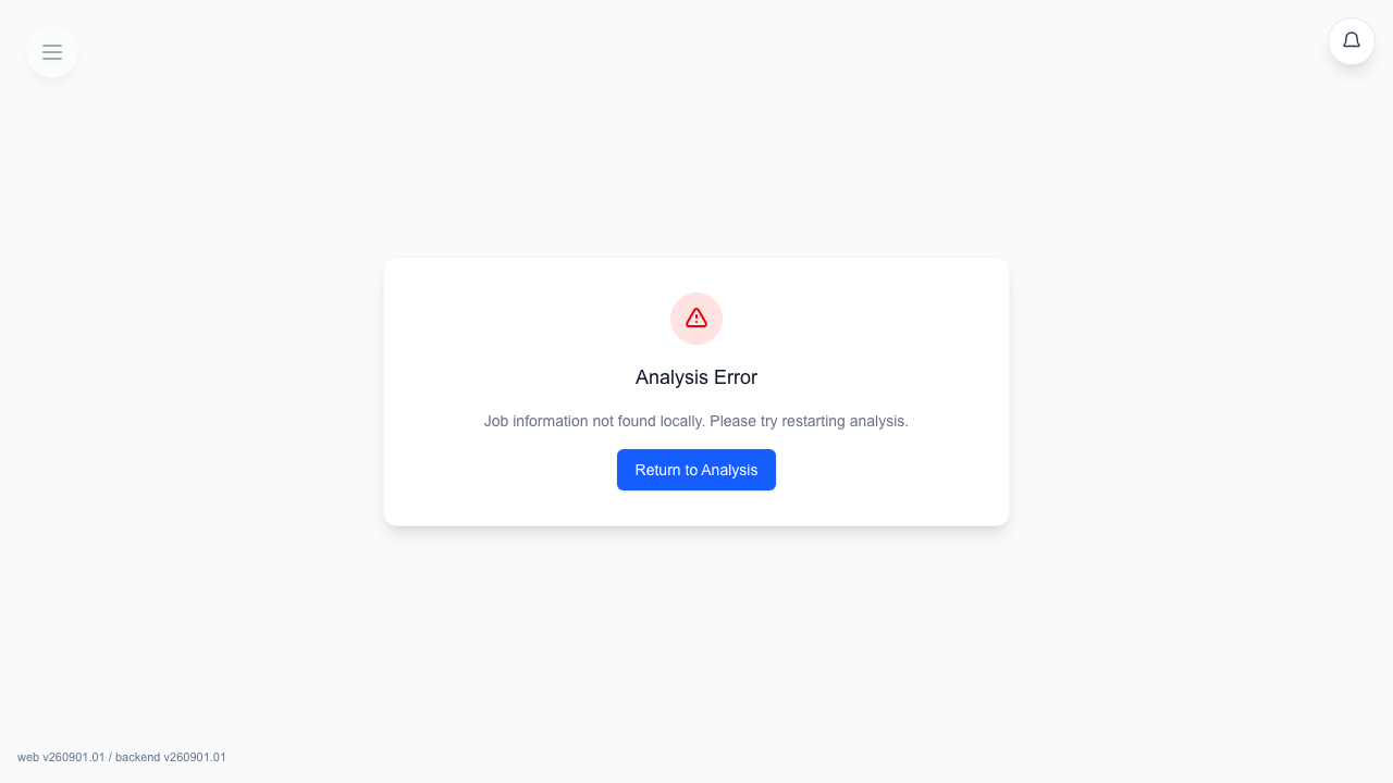 Analysis recovery card with an error state and a return button