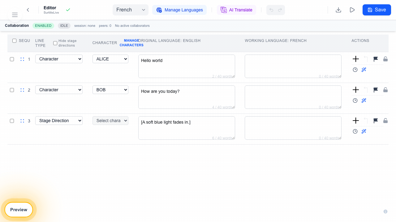 Editor toolbar with Language, Manage Languages, AI Translate, Download, Open Simulation, and Save