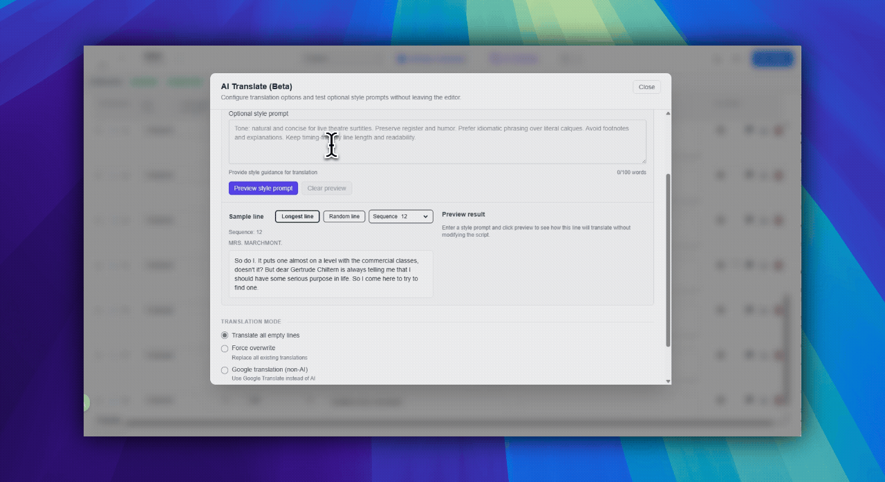 Preview controls for longest line, random line, and sequence