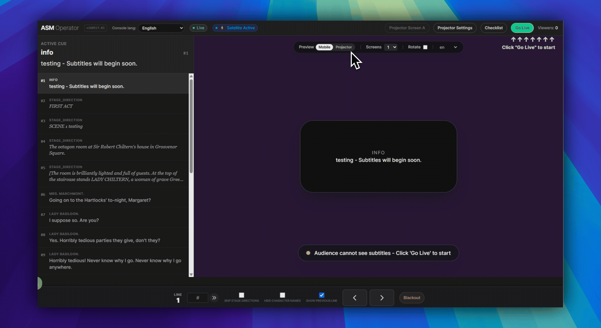 Encabezado de ASM con Projector Settings al lado de Projector Screen A y Go Live