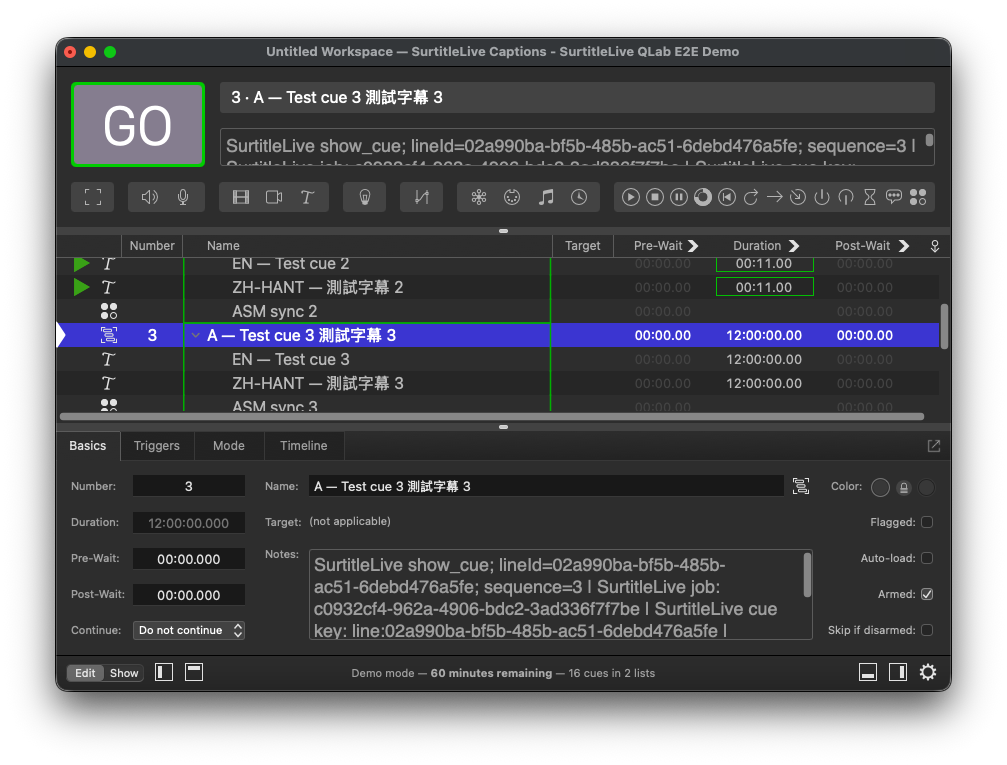 QLab workspace showing a Pockitle Cue subtitle Group with English and translated Text children plus an ASM sync child.