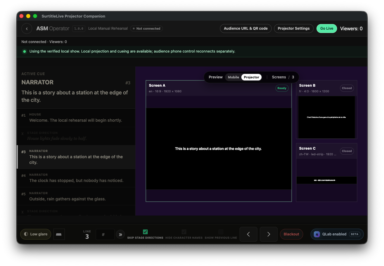 Pockitle Cue for Mac Live Console in a local test show, with output A ready, outputs B and C closed, and phones disconnected.