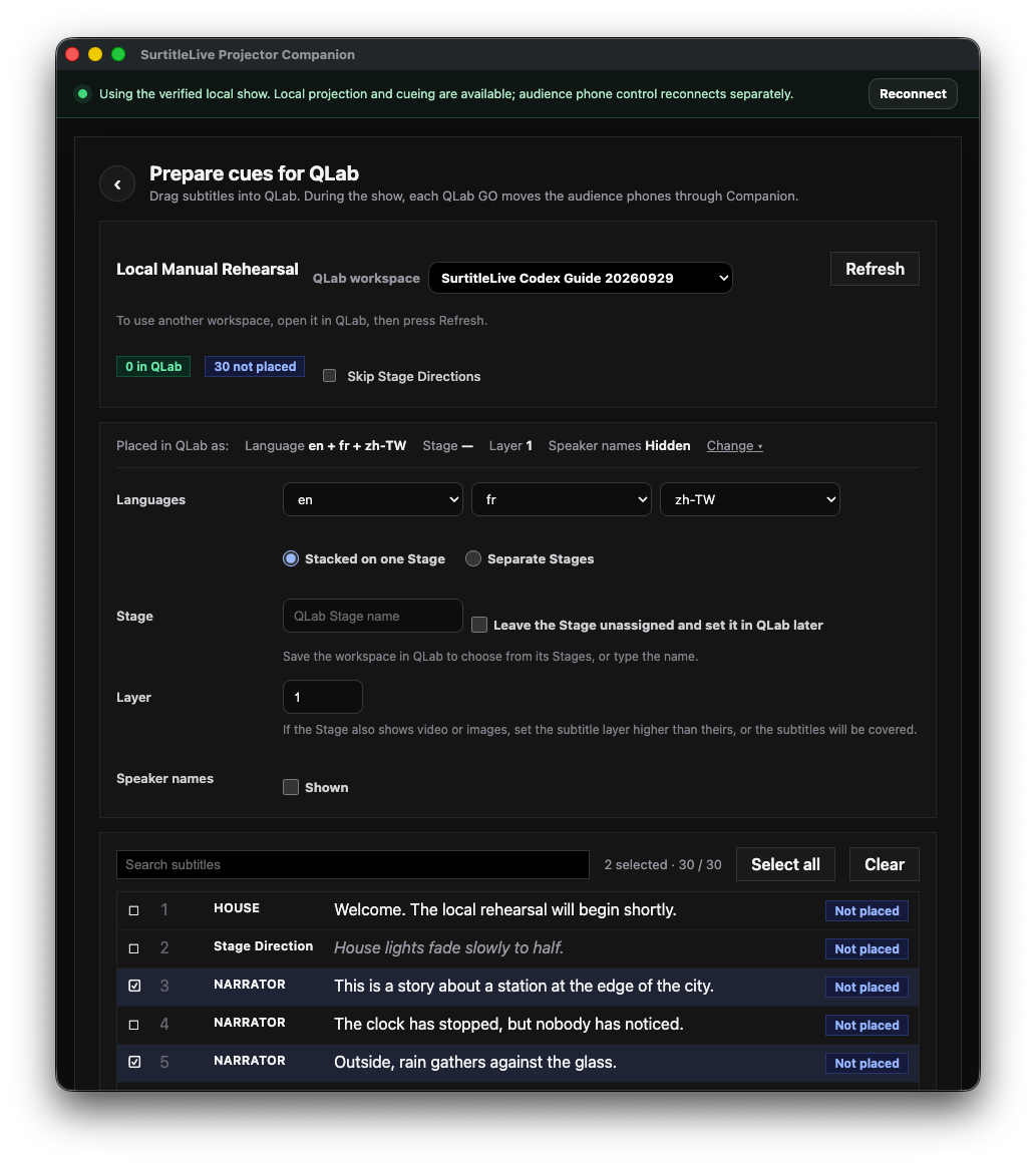 Prepare cues for QLab showing a selected test workspace, caption languages, and two selected cues.