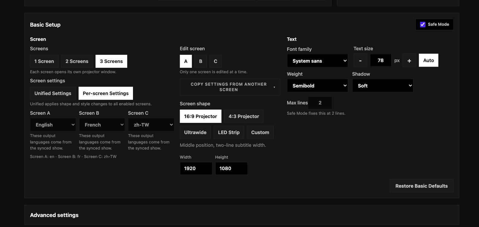 Basic Setup controls for three screens, Unified or Per-screen settings, screen profiles, font family, 78 px text size, Auto, weight, shadow, maximum lines, and Safe Mode.