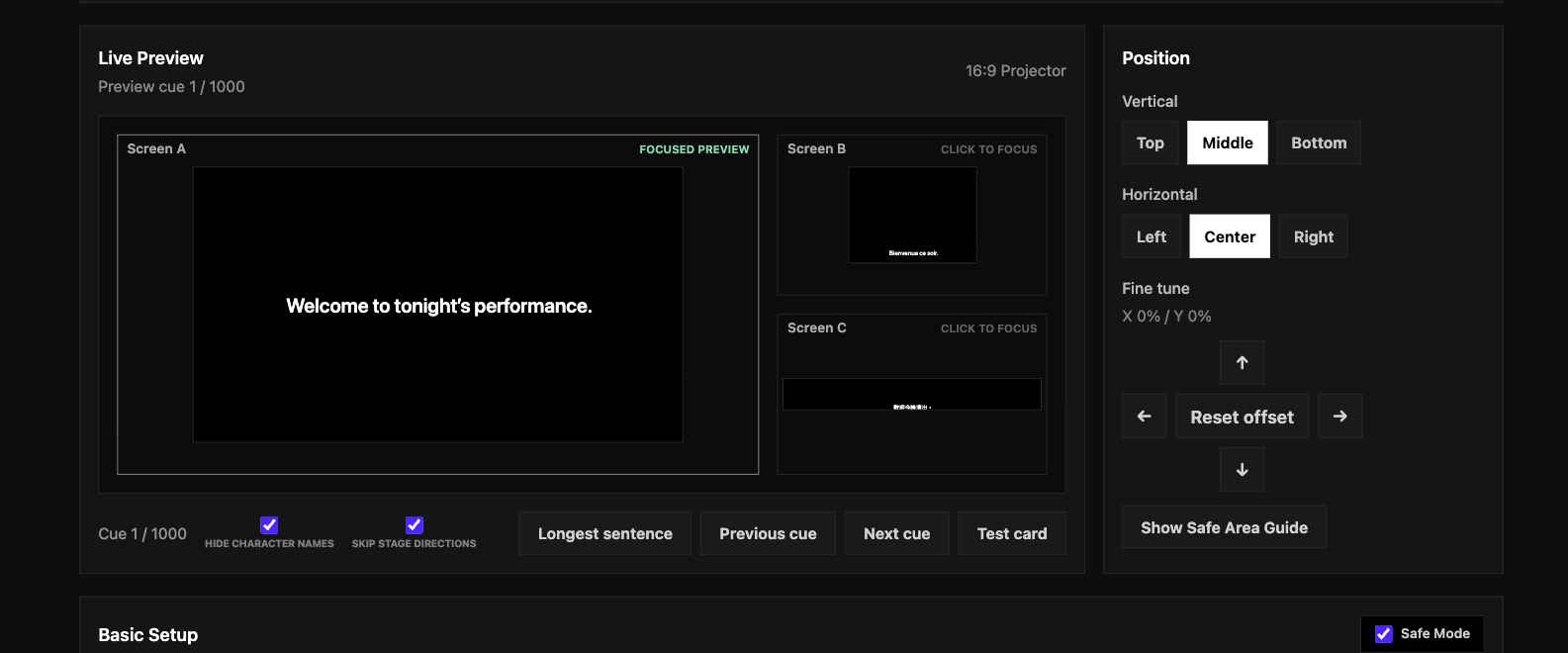 Live Preview for screens A, B, and C with Longest sentence, Previous cue, Next cue, Test card, vertical and horizontal position, Fine Tune, Reset offset, and safe-area guide.