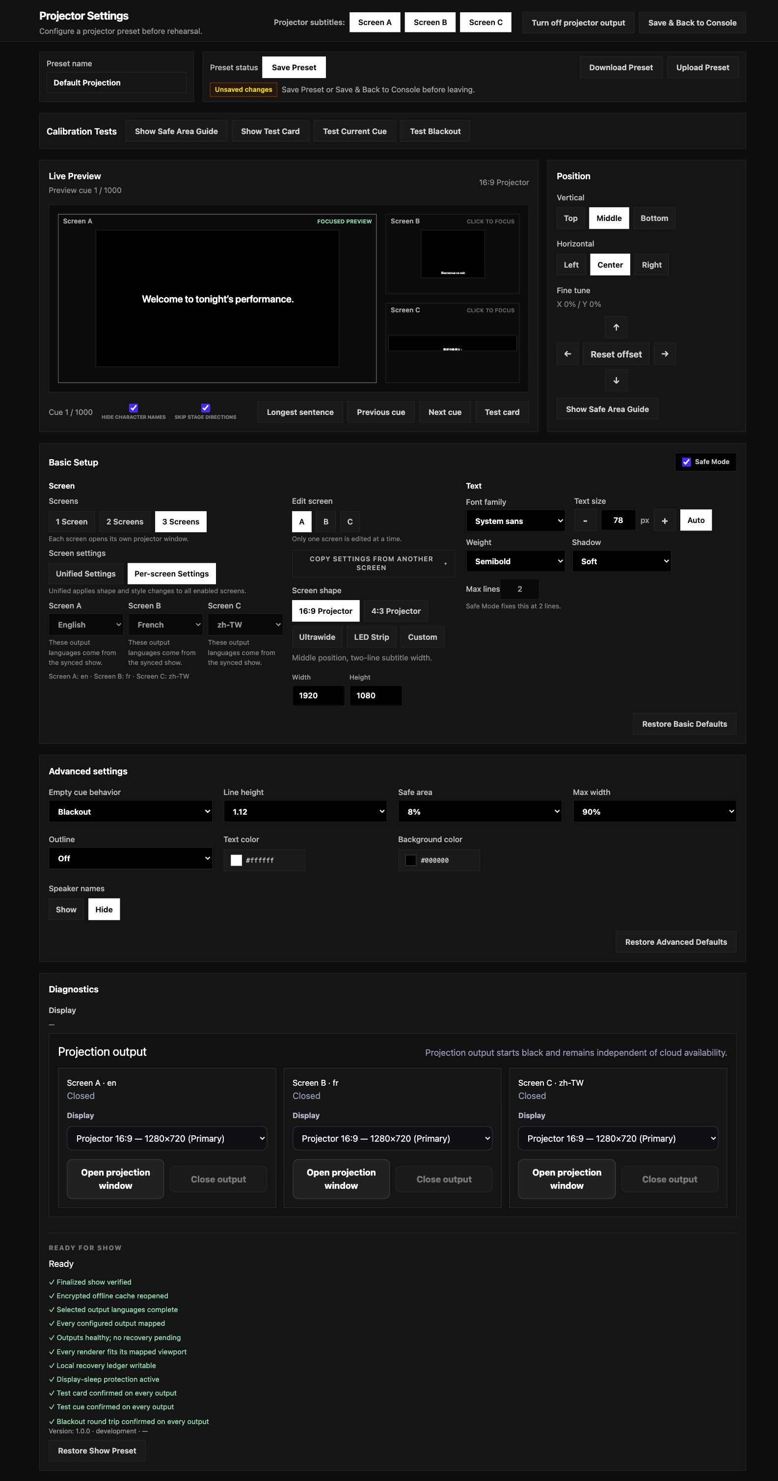 Full Projector Settings page showing screen setup, preview and position, basic and advanced controls, display mapping, and diagnostics.